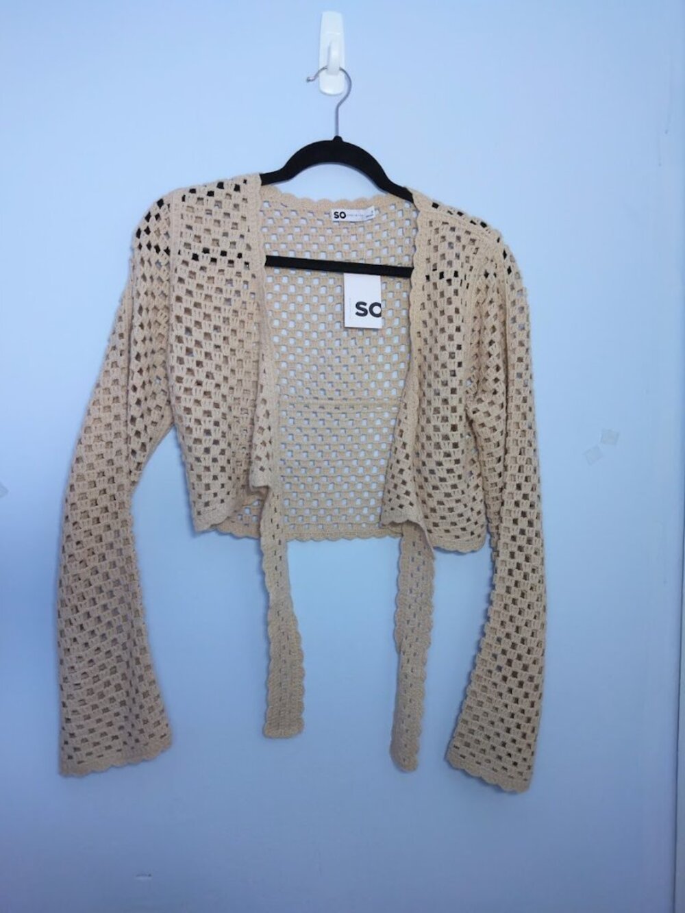 Boho Crochet Cropped Sweater Beige Open Knit Festival Fairy Bell Sleeves Small